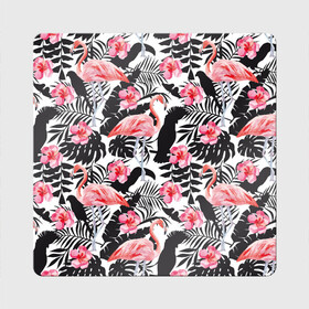 Магнит виниловый Квадрат с принтом фламинго и попугаи в Новосибирске, полимерный материал с магнитным слоем | размер 9*9 см, закругленные углы | Тематика изображения на принте: птицы | тропики | фламинго