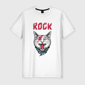 Мужская футболка хлопок Slim с принтом КОТ РОК в Новосибирске, 92% хлопок, 8% лайкра | приталенный силуэт, круглый вырез ворота, длина до линии бедра, короткий рукав | cat | rock | кот | кот рок | котик | кошак | кошка | рок | рок кот