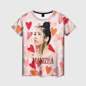 Женская футболка 3D с принтом Manizha на фоне сердечек в Новосибирске, 100% полиэфир ( синтетическое хлопкоподобное полотно) | прямой крой, круглый вырез горловины, длина до линии бедер | manizha | далеровна | душанбе | евровидение | евровидение 2021 | манижа | певица | таджикистан | хамраева