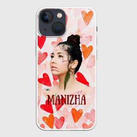 Чехол для iPhone 13 mini с принтом Manizha на фоне сердечек в Новосибирске,  |  | manizha | далеровна | душанбе | евровидение | евровидение 2021 | манижа | певица | таджикистан | хамраева