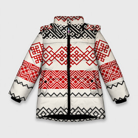 Зимняя куртка для девочек 3D с принтом Славянский узор красно-черный в Новосибирске, ткань верха — 100% полиэстер; подклад — 100% полиэстер, утеплитель — 100% полиэстер. | длина ниже бедра, удлиненная спинка, воротник стойка и отстегивающийся капюшон. Есть боковые карманы с листочкой на кнопках, утяжки по низу изделия и внутренний карман на молнии. 

Предусмотрены светоотражающий принт на спинке, радужный светоотражающий элемент на пуллере молнии и на резинке для утяжки. | линии | славяне | славянский узор | текстуры | угор