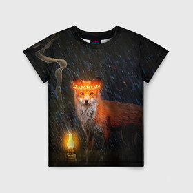 Детская футболка 3D с принтом Лиса с огненной короной в Новосибирске, 100% гипоаллергенный полиэфир | прямой крой, круглый вырез горловины, длина до линии бедер, чуть спущенное плечо, ткань немного тянется | Тематика изображения на принте: fox | foxy | животное | звери | лиса | лисенок | лисичка | милая | рыжая | фокс