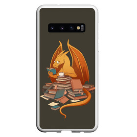 Чехол для Samsung Galaxy S10 с принтом Book Dragon в Новосибирске, Силикон | Область печати: задняя сторона чехла, без боковых панелей | book | books | dragon | knowledge | professor | study | tea | wyvern | виверна | дракон | знания | книга | книги | книжный | профессор | чай