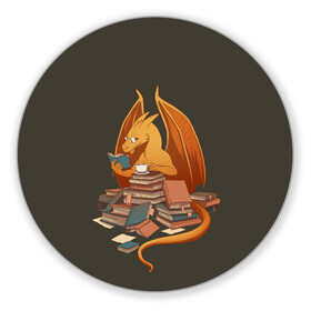 Коврик для мышки круглый с принтом Book Dragon в Новосибирске, резина и полиэстер | круглая форма, изображение наносится на всю лицевую часть | book | books | dragon | knowledge | professor | study | tea | wyvern | виверна | дракон | знания | книга | книги | книжный | профессор | чай