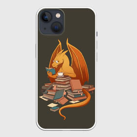 Чехол для iPhone 13 с принтом Book Dragon в Новосибирске,  |  | book | books | dragon | knowledge | professor | study | tea | wyvern | виверна | дракон | знания | книга | книги | книжный | профессор | чай