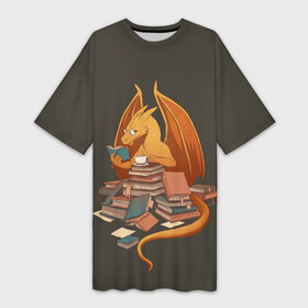 Платье-футболка 3D с принтом Book Dragon в Новосибирске,  |  | book | books | dragon | knowledge | professor | study | tea | wyvern | виверна | дракон | знания | книга | книги | книжный | профессор | чай