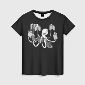 Женская футболка 3D с принтом Octopus Book в Новосибирске, 100% полиэфир ( синтетическое хлопкоподобное полотно) | прямой крой, круглый вырез горловины, длина до линии бедер | Тематика изображения на принте: black | book | books | dual | knowledge | octopus | study | white | белое | знания | книга | книги | книжный | осьминог | черно белое | черное