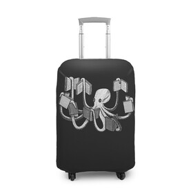 Чехол для чемодана 3D с принтом Octopus Book в Новосибирске, 86% полиэфир, 14% спандекс | двустороннее нанесение принта, прорези для ручек и колес | black | book | books | dual | knowledge | octopus | study | white | белое | знания | книга | книги | книжный | осьминог | черно белое | черное