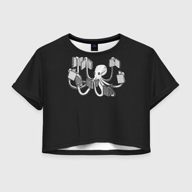 Женская футболка Crop-top 3D с принтом Octopus Book в Новосибирске, 100% полиэстер | круглая горловина, длина футболки до линии талии, рукава с отворотами | black | book | books | dual | knowledge | octopus | study | white | белое | знания | книга | книги | книжный | осьминог | черно белое | черное