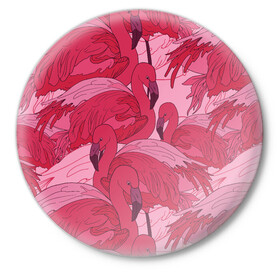 Значок с принтом розовые фламинго в Новосибирске,  металл | круглая форма, металлическая застежка в виде булавки | Тематика изображения на принте: flamingo | птицы | розовый | фламинго