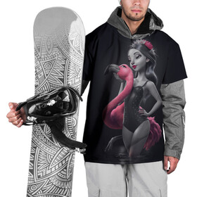 Накидка на куртку 3D с принтом девушка с фламинго в Новосибирске, 100% полиэстер |  | Тематика изображения на принте: flamingo | птицы | розовый | фламинго