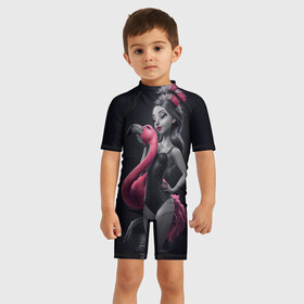 Детский купальный костюм 3D с принтом девушка с фламинго  в Новосибирске, Полиэстер 85%, Спандекс 15% | застежка на молнии на спине | flamingo | птицы | розовый | фламинго
