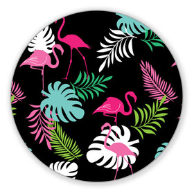 Коврик для мышки круглый с принтом фламинго с цветами в Новосибирске, резина и полиэстер | круглая форма, изображение наносится на всю лицевую часть | flamingo | птицы | розовый | фламинго
