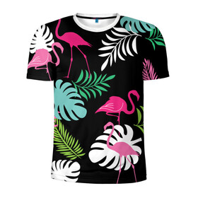 Мужская футболка 3D спортивная с принтом фламинго с цветами в Новосибирске, 100% полиэстер с улучшенными характеристиками | приталенный силуэт, круглая горловина, широкие плечи, сужается к линии бедра | Тематика изображения на принте: flamingo | птицы | розовый | фламинго