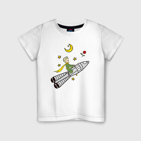 Детская футболка хлопок с принтом Маленький принц на ракете в Новосибирске, 100% хлопок | круглый вырез горловины, полуприлегающий силуэт, длина до линии бедер | baby | dreams | little prince | prince | rocket | space | stars | the little prince | детские | звезды | космонавт | космос | луна | маленький принц | малыш | месяц | мечты | полет | полумесяц | принц | ракета | ребенок | роза | сказки