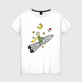 Женская футболка хлопок с принтом Маленький принц на ракете в Новосибирске, 100% хлопок | прямой крой, круглый вырез горловины, длина до линии бедер, слегка спущенное плечо | baby | dreams | little prince | prince | rocket | space | stars | the little prince | детские | звезды | космонавт | космос | луна | маленький принц | малыш | месяц | мечты | полет | полумесяц | принц | ракета | ребенок | роза | сказки