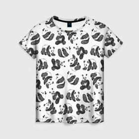 Женская футболка 3D с принтом Акварельные панды паттерн в Новосибирске, 100% полиэфир ( синтетическое хлопкоподобное полотно) | прямой крой, круглый вырез горловины, длина до линии бедер | art | black white | cute | funny panda | panda | pandas | pattern | watercolor | акварель | акварельный рисунок | арт | детский рисунок | маленькие панды | медведи | медвежата | милые панды | мишки | панда | пандочка | пандочки | узор