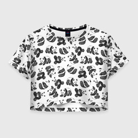 Женская футболка Crop-top 3D с принтом Акварельные панды паттерн в Новосибирске, 100% полиэстер | круглая горловина, длина футболки до линии талии, рукава с отворотами | art | black white | cute | funny panda | panda | pandas | pattern | watercolor | акварель | акварельный рисунок | арт | детский рисунок | маленькие панды | медведи | медвежата | милые панды | мишки | панда | пандочка | пандочки | узор