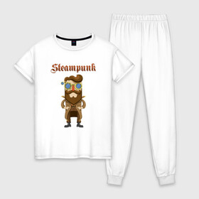 Женская пижама хлопок с принтом Стимпанк парень Steampunk boy (Z) в Новосибирске, 100% хлопок | брюки и футболка прямого кроя, без карманов, на брюках мягкая резинка на поясе и по низу штанин | steam punk | steamfest | steampunk | бойлерпанк | дизельпанк | клокпанк | маннерпанк | механика | научная фантастика | паро панк | паровой панк | паропанк | стим панк | стимпанк | стимпанк стиль | стимфест