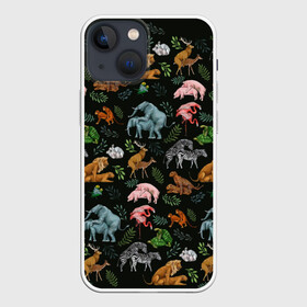 Чехол для iPhone 13 mini с принтом Дикие Звери Паттерн в Новосибирске,  |  | animals | зайцы | звери | зебры | кошки | лев | леопард | обезьяны | олени | природа | тигры | фламинго | цветы