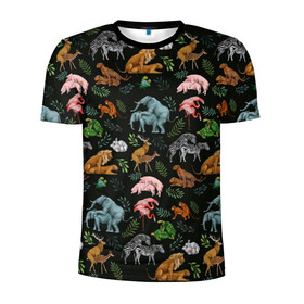 Мужская футболка 3D спортивная с принтом Дикие Звери Паттерн в Новосибирске, 100% полиэстер с улучшенными характеристиками | приталенный силуэт, круглая горловина, широкие плечи, сужается к линии бедра | animals | зайцы | звери | зебры | кошки | лев | леопард | обезьяны | олени | природа | тигры | фламинго | цветы