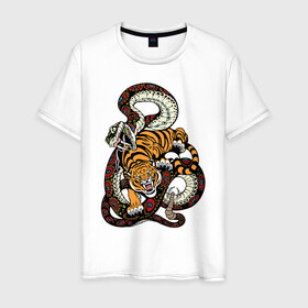 Мужская футболка хлопок с принтом Тигр и Змея Борьба в Новосибирске, 100% хлопок | прямой крой, круглый вырез горловины, длина до линии бедер, слегка спущенное плечо. | beast | snake | tiger | борьба | животные | звери | змеи | зубы | когти | кошки | тигры | узор