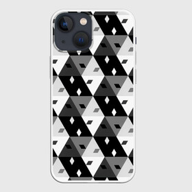 Чехол для iPhone 13 mini с принтом Абстрактные кубики в Новосибирске,  |  | абстракция | арт | белый | вектор | векторный рисунок | игровой кубик | игровые кубики | кубик | кубики | рисунок | треугольник | треугольники | чёрно белый | чёрный