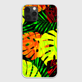 Чехол для iPhone 12 Pro с принтом ЛИСТЬЯ  в Новосибирске, силикон | область печати: задняя сторона чехла, без боковых панелей | summer | джунгли | зелень | кислотный | лесной | летний принт | лето | листья папоротника | огненный | пальмовые листья | пальмы | папоротник | свежий | стильный | тренд | тропики | тропический камуфляж