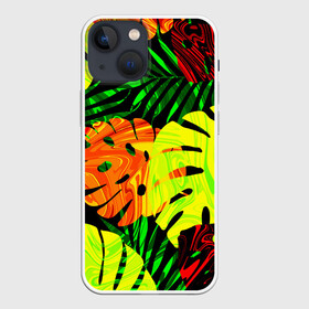 Чехол для iPhone 13 mini с принтом ЛИСТЬЯ в Новосибирске,  |  | summer | джунгли | зелень | кислотный | лесной | летний принт | лето | листья папоротника | огненный | пальмовые листья | пальмы | папоротник | свежий | стильный | тренд | тропики | тропический камуфляж