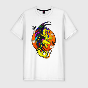 Мужская футболка хлопок Slim с принтом Красочный дракон в Новосибирске, 92% хлопок, 8% лайкра | приталенный силуэт, круглый вырез ворота, длина до линии бедра, короткий рукав | Тематика изображения на принте: deagon | fantasy | monster | wings | вороны | дракон | животные | зверь | змей | китайский дракон | крылья | луна | мифические существа | монстр | облака | огненный | огонь | пламя | птицы | радужный | сказочный