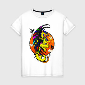 Женская футболка хлопок с принтом Красочный дракон в Новосибирске, 100% хлопок | прямой крой, круглый вырез горловины, длина до линии бедер, слегка спущенное плечо | deagon | fantasy | monster | wings | вороны | дракон | животные | зверь | змей | китайский дракон | крылья | луна | мифические существа | монстр | облака | огненный | огонь | пламя | птицы | радужный | сказочный