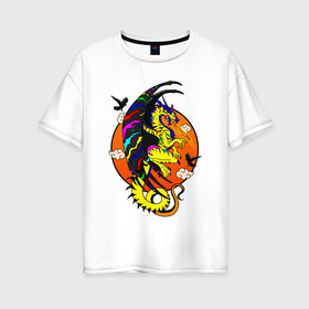 Женская футболка хлопок Oversize с принтом Красочный дракон в Новосибирске, 100% хлопок | свободный крой, круглый ворот, спущенный рукав, длина до линии бедер
 | deagon | fantasy | monster | wings | вороны | дракон | животные | зверь | змей | китайский дракон | крылья | луна | мифические существа | монстр | облака | огненный | огонь | пламя | птицы | радужный | сказочный