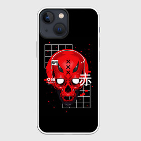 Чехол для iPhone 13 mini с принтом КРАСНЫЙ ЧЕРЕП КИБЕРПАНК в Новосибирске,  |  | bones | cyberpunk | geometry | oni | red skull | skull | геометрия | иероглифы | киберпанк | красный череп | они | череп