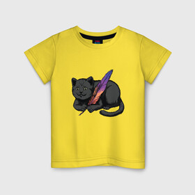 Детская футболка хлопок с принтом Чёрный кот с пёрышком в Новосибирске, 100% хлопок | круглый вырез горловины, полуприлегающий силуэт, длина до линии бедер | black cat | cats | cute | feather | fluffy | kitten | kitty | playful | pussy | pussycat | британская кошка | британский кот | градиент | играет с пером | киса | котенок | кошечка | кошка | милота | перо | прикол | пус | пусси | пушистый кот 