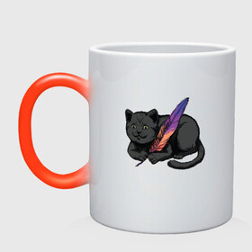 Кружка хамелеон с принтом Чёрный кот с пёрышком в Новосибирске, керамика | меняет цвет при нагревании, емкость 330 мл | Тематика изображения на принте: black cat | cats | cute | feather | fluffy | kitten | kitty | playful | pussy | pussycat | британская кошка | британский кот | градиент | играет с пером | киса | котенок | кошечка | кошка | милота | перо | прикол | пус | пусси | пушистый кот 
