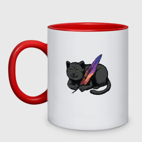 Кружка двухцветная с принтом Чёрный кот с пёрышком в Новосибирске, керамика | объем — 330 мл, диаметр — 80 мм. Цветная ручка и кайма сверху, в некоторых цветах — вся внутренняя часть | black cat | cats | cute | feather | fluffy | kitten | kitty | playful | pussy | pussycat | британская кошка | британский кот | градиент | играет с пером | киса | котенок | кошечка | кошка | милота | перо | прикол | пус | пусси | пушистый кот 