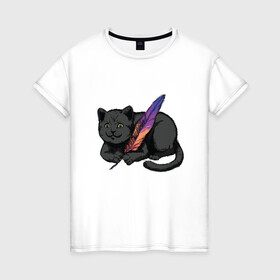 Женская футболка хлопок с принтом Чёрный кот с пёрышком в Новосибирске, 100% хлопок | прямой крой, круглый вырез горловины, длина до линии бедер, слегка спущенное плечо | black cat | cats | cute | feather | fluffy | kitten | kitty | playful | pussy | pussycat | британская кошка | британский кот | градиент | играет с пером | киса | котенок | кошечка | кошка | милота | перо | прикол | пус | пусси | пушистый кот 