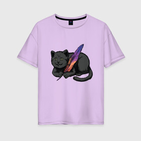 Женская футболка хлопок Oversize с принтом Чёрный кот с пёрышком в Новосибирске, 100% хлопок | свободный крой, круглый ворот, спущенный рукав, длина до линии бедер
 | black cat | cats | cute | feather | fluffy | kitten | kitty | playful | pussy | pussycat | британская кошка | британский кот | градиент | играет с пером | киса | котенок | кошечка | кошка | милота | перо | прикол | пус | пусси | пушистый кот 
