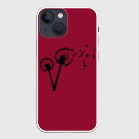 Чехол для iPhone 13 mini с принтом Dandelion flight. Red Frame в Новосибирске,  |  | Тематика изображения на принте: dandelion | flight | garden | human | people | travel | люди | на | одуванчик | одуванчике | парение | парить | полет | путешествие | растение | человек