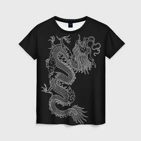 Женская футболка 3D с принтом ЧБ Дракон в Новосибирске, 100% полиэфир ( синтетическое хлопкоподобное полотно) | прямой крой, круглый вырез горловины, длина до линии бедер | beast | dragon | дракон | животные | зверь | змей | когти | огонь | узор | чб