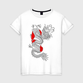 Женская футболка хлопок с принтом Японский Дракон в Новосибирске, 100% хлопок | прямой крой, круглый вырез горловины, длина до линии бедер, слегка спущенное плечо | akatsuki | beast | dragon | акацуки | дракон | животные | зверь | змей | когти | облако | огонь | узор | чб | японский