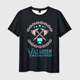 Мужская футболка 3D с принтом Valheim лого и цепи в Новосибирске, 100% полиэфир | прямой крой, круглый вырез горловины, длина до линии бедер | Тематика изображения на принте: fantasy | mmo | valheim | valve | валхейм | вальхейм | викинги | выживалка | игра | королевская битва | ммо | ролевая игра | фэнтази