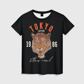 Женская футболка 3D с принтом Tokyo Tiger Japan в Новосибирске, 100% полиэфир ( синтетическое хлопкоподобное полотно) | прямой крой, круглый вырез горловины, длина до линии бедер | japan | tokyo | большая кошка | полосатый | тигр | тигрица | токио | хищник