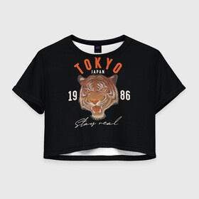 Женская футболка Crop-top 3D с принтом Tokyo Tiger Japan в Новосибирске, 100% полиэстер | круглая горловина, длина футболки до линии талии, рукава с отворотами | Тематика изображения на принте: japan | tokyo | большая кошка | полосатый | тигр | тигрица | токио | хищник