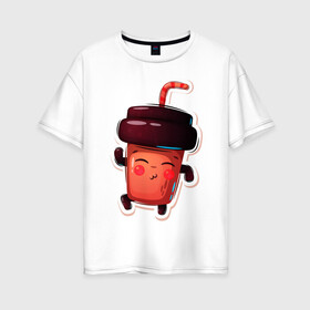 Женская футболка хлопок Oversize с принтом Кофейный стаканчик милашка в Новосибирске, 100% хлопок | свободный крой, круглый ворот, спущенный рукав, длина до линии бедер
 | кофе | малышка | милашка | мультяшка | стаканчик