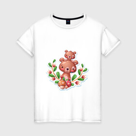 Женская футболка хлопок с принтом Веселые медведи милашки в Новосибирске, 100% хлопок | прямой крой, круглый вырез горловины, длина до линии бедер, слегка спущенное плечо | веселые | животные | малышка | медведи | медвежонок | милашка | мультяшка