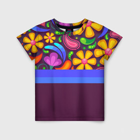 Детская футболка 3D с принтом Мультяшные Цветы в Новосибирске, 100% гипоаллергенный полиэфир | прямой крой, круглый вырез горловины, длина до линии бедер, чуть спущенное плечо, ткань немного тянется | линии | минимализм | мультяшные цветы | полосы | рисунок | узоры | цветы
