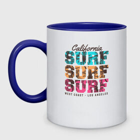 Кружка двухцветная с принтом Surf в Новосибирске, керамика | объем — 330 мл, диаметр — 80 мм. Цветная ручка и кайма сверху, в некоторых цветах — вся внутренняя часть | Тематика изображения на принте: surf | usa | калифорния | лето | море