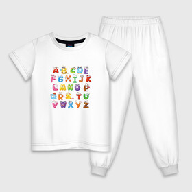 Детская пижама хлопок с принтом Английский Алфавит в Новосибирске, 100% хлопок |  брюки и футболка прямого кроя, без карманов, на брюках мягкая резинка на поясе и по низу штанин
 | алфавит | английский алфавит | буквы | буквы с глазами | красочные буквы | персонажи