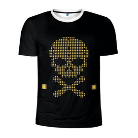 Мужская футболка 3D спортивная с принтом Пиратский через из золота в Новосибирске, 100% полиэстер с улучшенными характеристиками | приталенный силуэт, круглая горловина, широкие плечи, сужается к линии бедра | hell | skull | ад | скелет | ужасы | череп | черепушка
